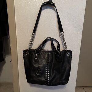 Michael Michael Kors Astor Black Grain Leather Studded Convertible Satchel Bag